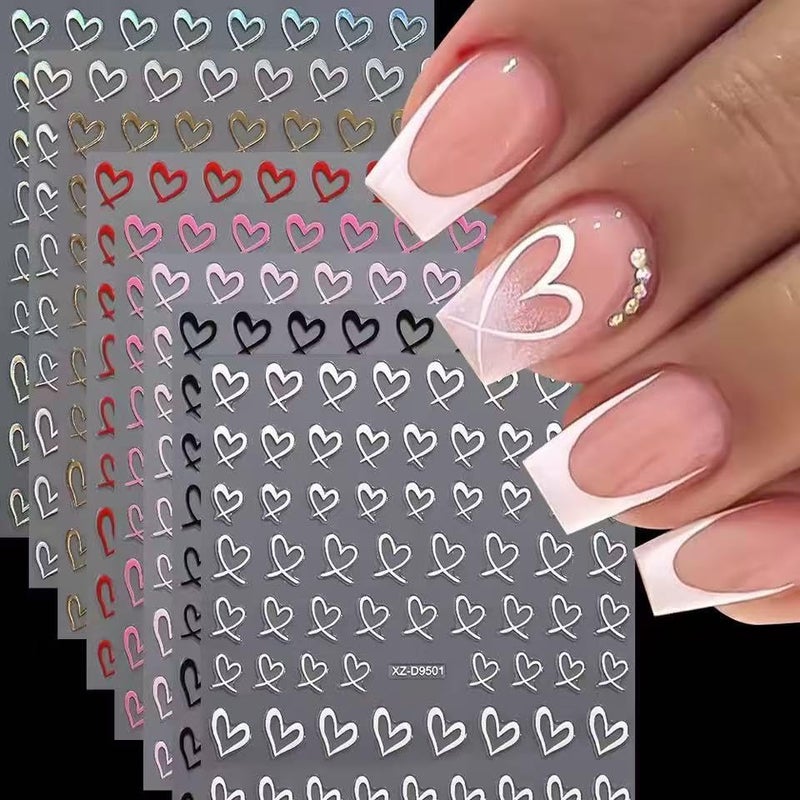 SPLOCUDU 12 Sheets Heart Nail Stickers for Nail Art Valentines Nail Decals Self-Adhesive Black White Pink Gold Hearts Nail Art Stickers Valentines Nail Designs Holiday Manicure for Women Girls - Image 1